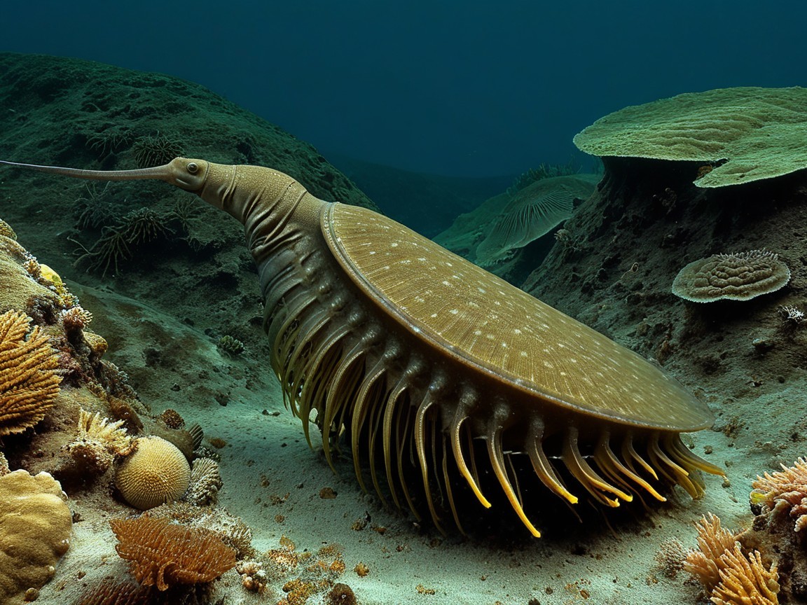 Ancient Arthropod with Elongated Snout on Ocean Floor