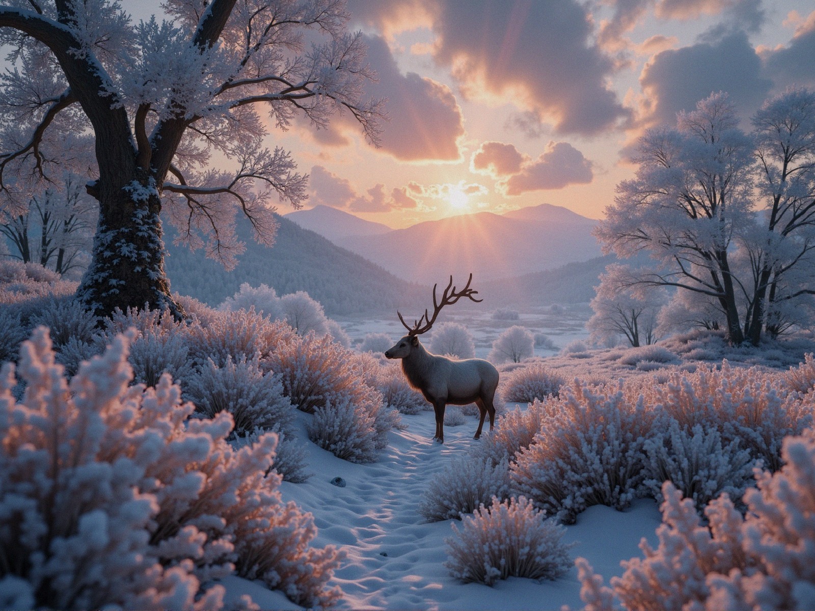 Majestic Deer in Serene Winter Landscape at Sunrise