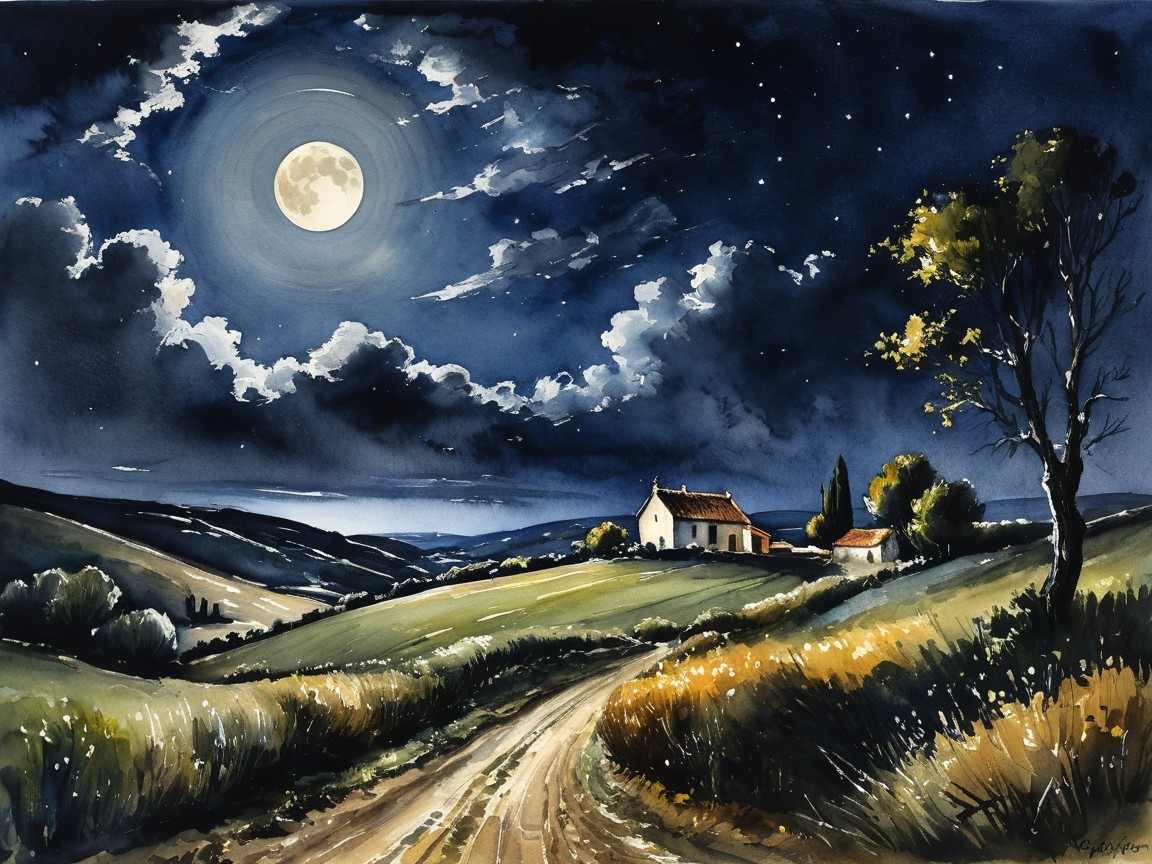 Moonlit Landscape with Path and Countryside House