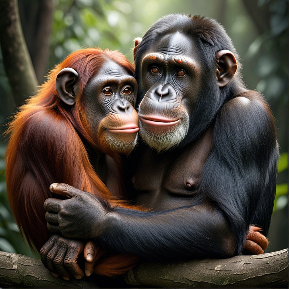 Chimpanzees on a branch in a lush forest setting