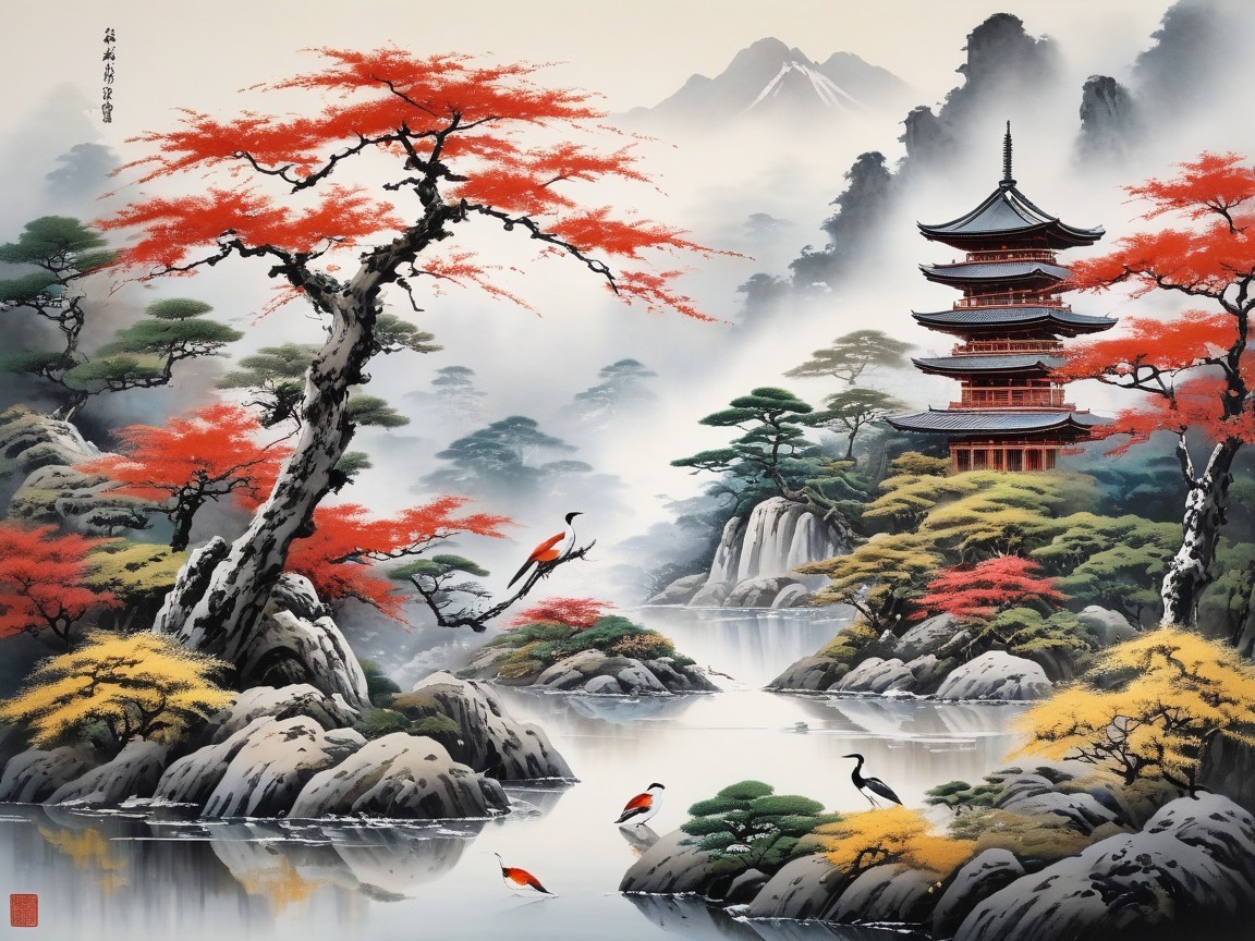 Serene Landscape with Pagoda and Autumn Foliage