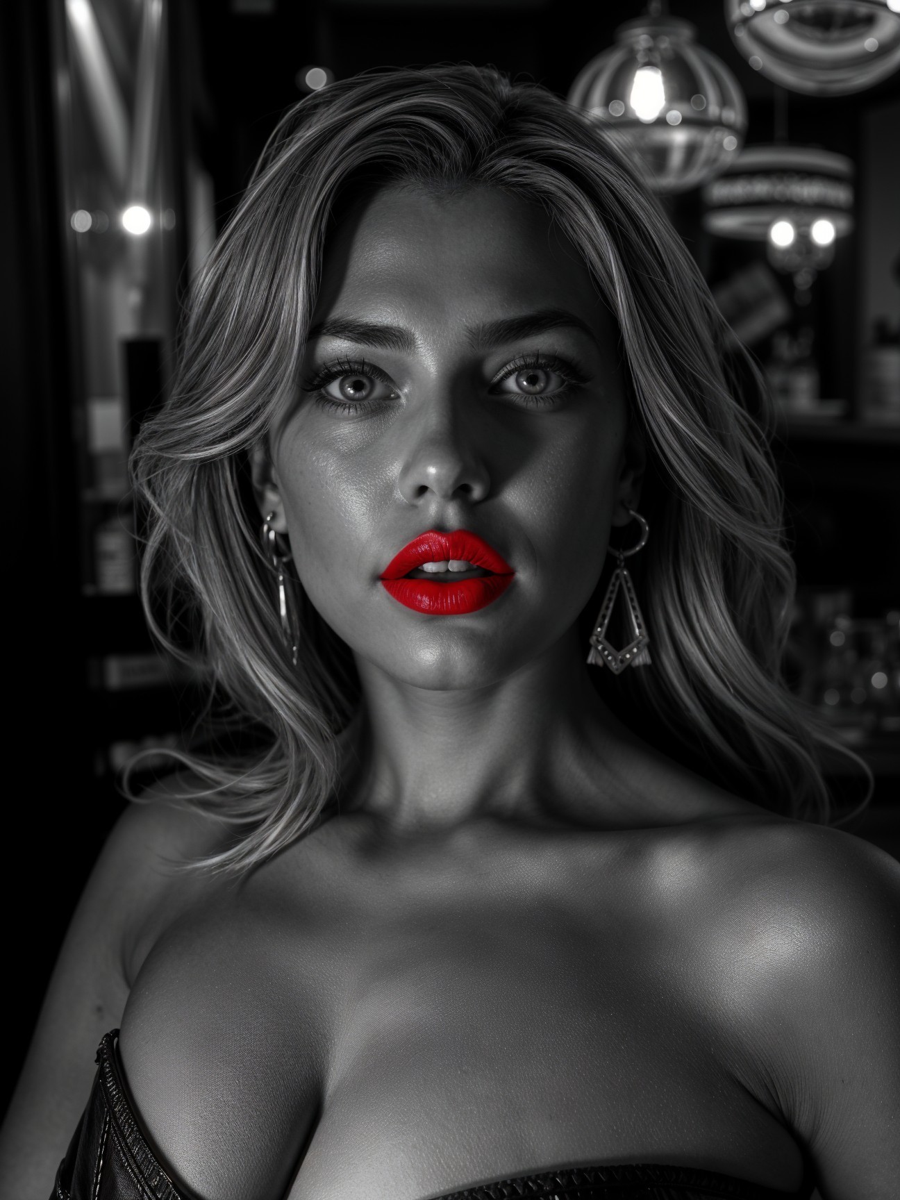 Vibrant Red Lips and Blonde Hair in Black and White Setting