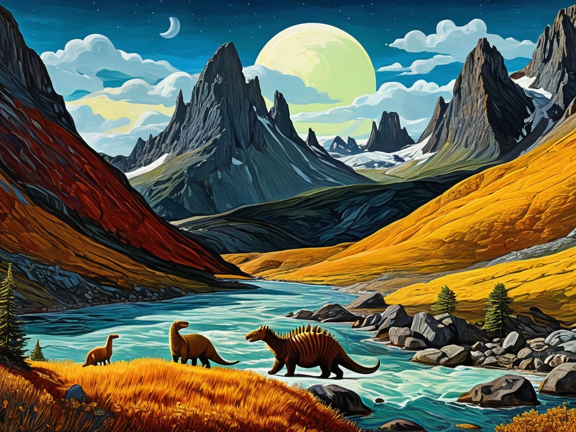 Vibrant Landscape with Dinosaurs and Majestic Mountains