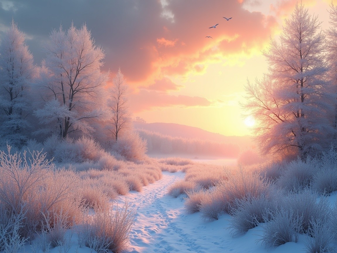 Serene Winter Landscape at Dawn with Frosted Trees