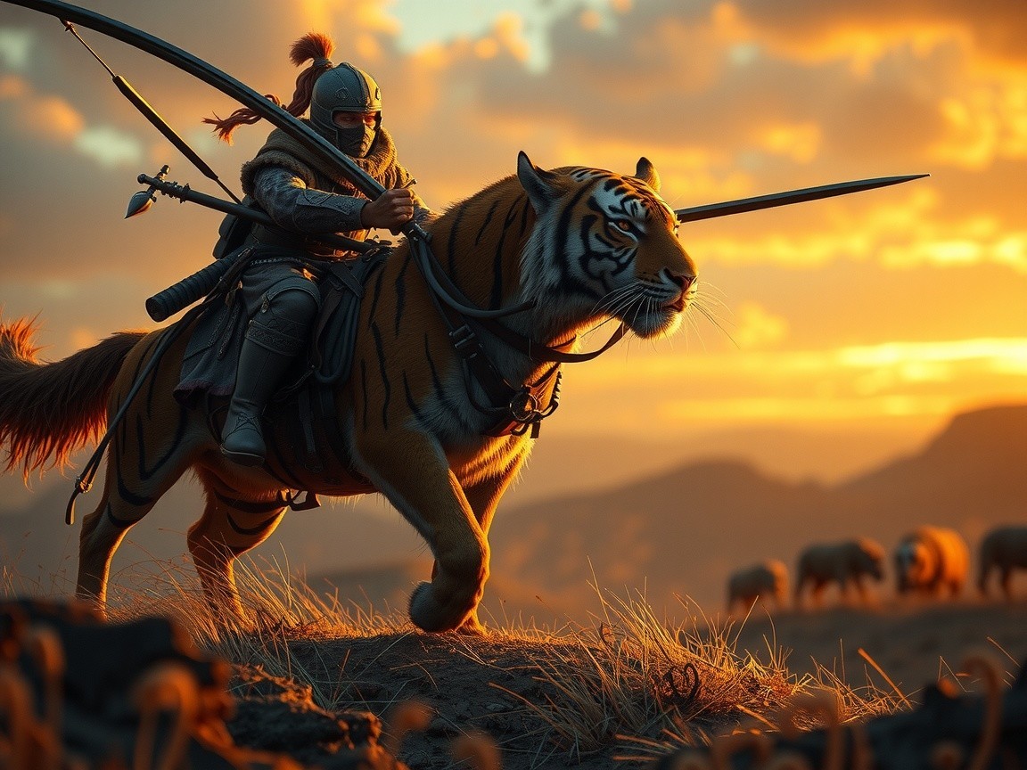 Warrior on Tiger Against Sunset with Grazing Sheep