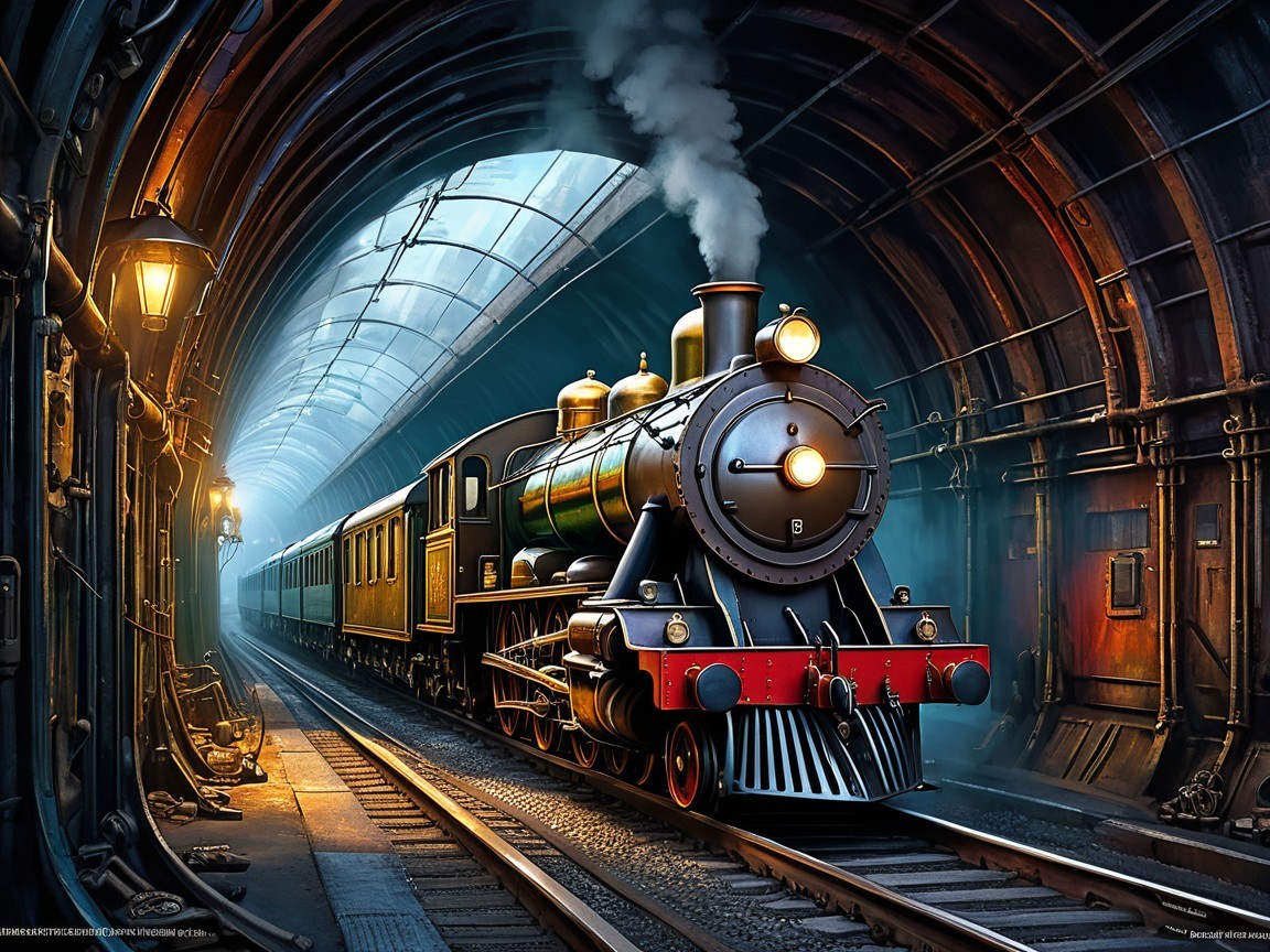 Vintage steam locomotive exits dark tunnel with smoke