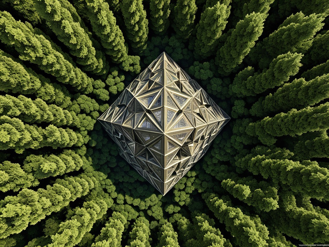 Aerial View of Geometric Pyramid Structure in Forest