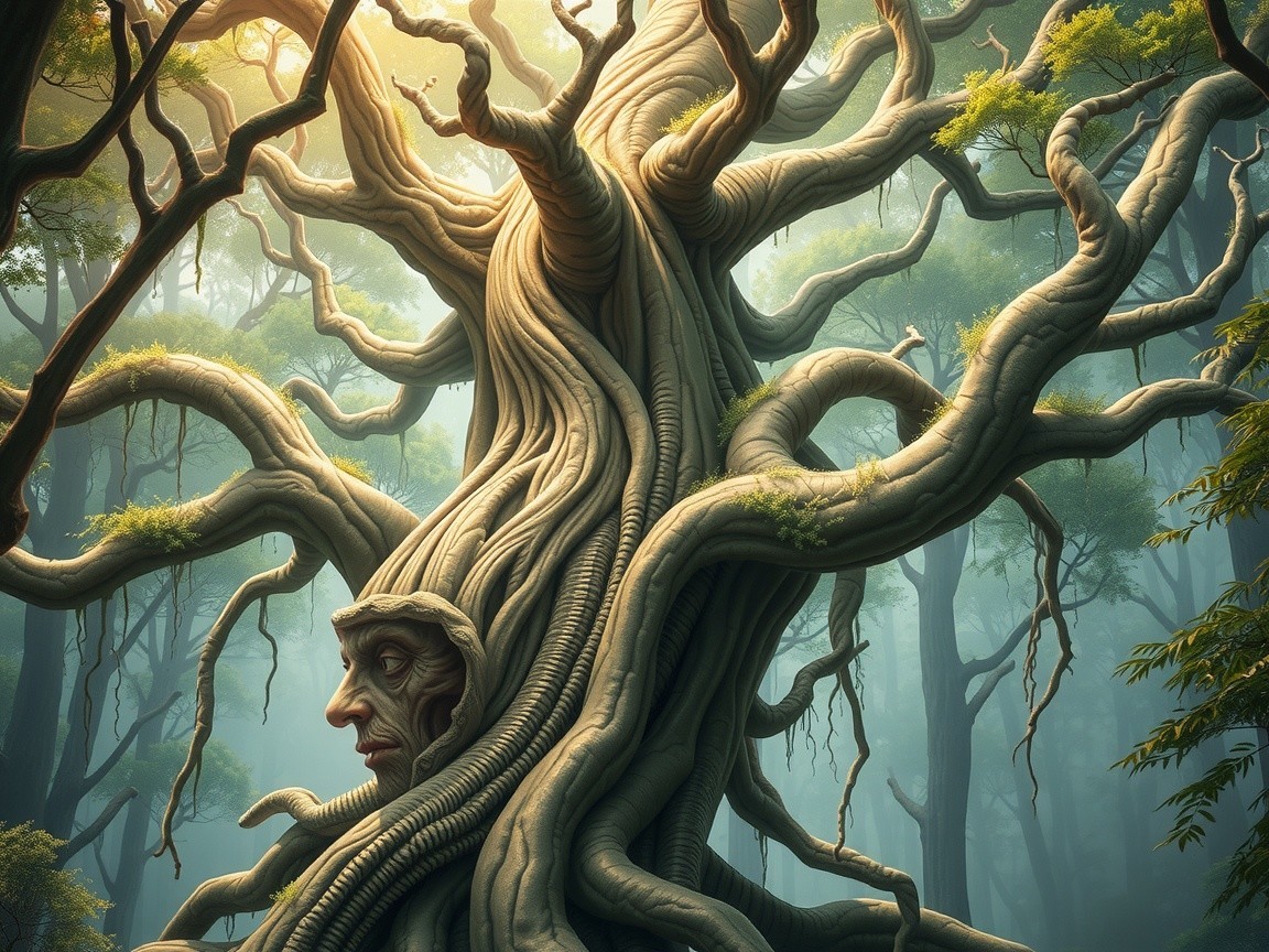 Majestic Tree with Twisted Trunk and Human Face