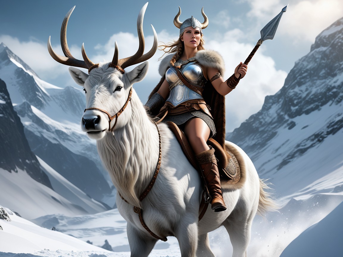 Warrior Woman on White Elk in Snowy Landscape