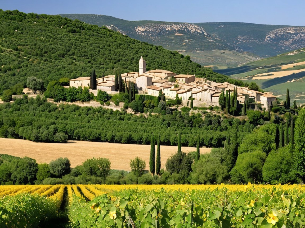 Hillside Village Surrounded by Lush Greenery and Vineyards