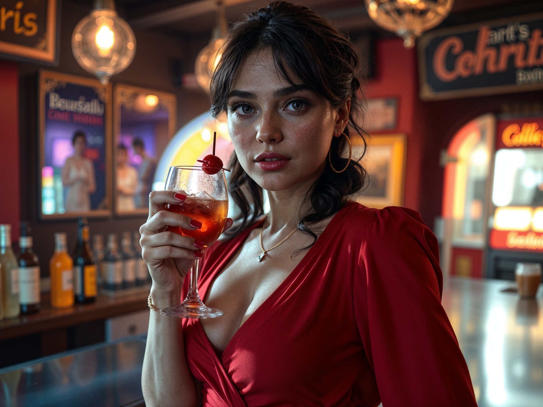 Elegant Woman in Red Dress at Vintage Bar Setting