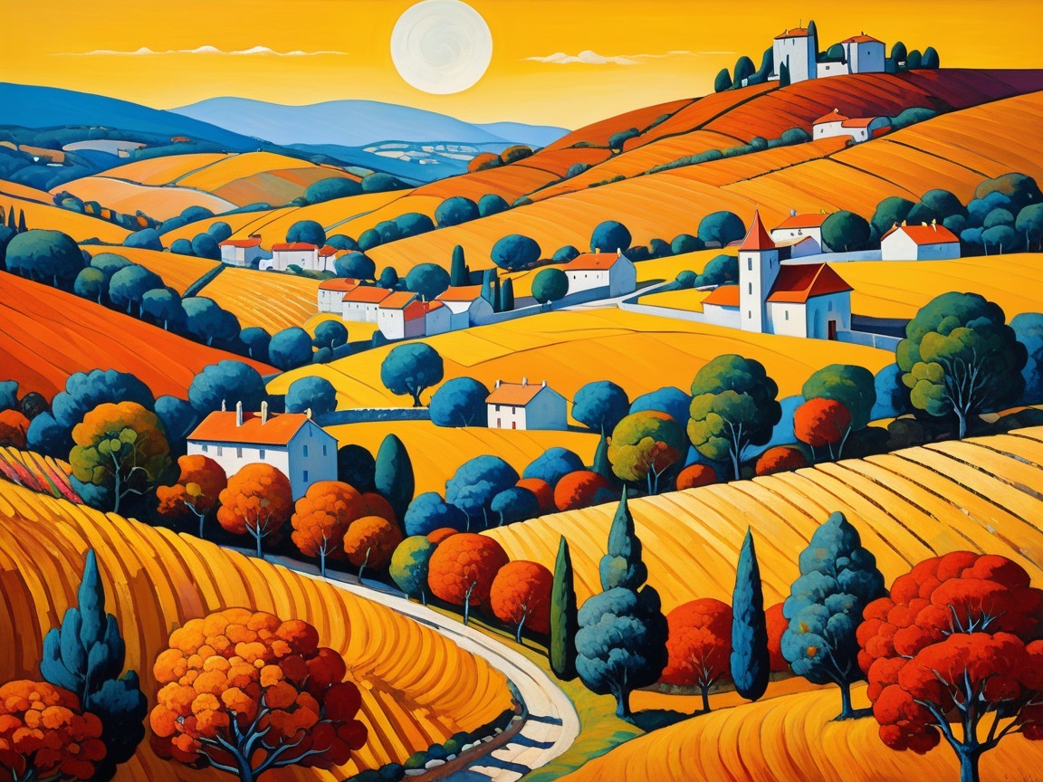 Vibrant Countryside Landscape with Rolling Hills and Village