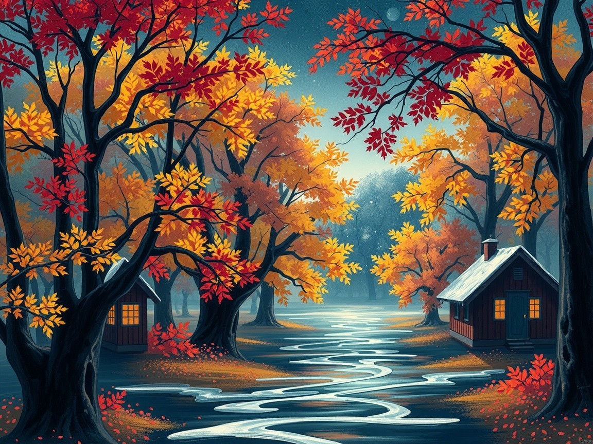 Serene Autumn Landscape with Cabins and River