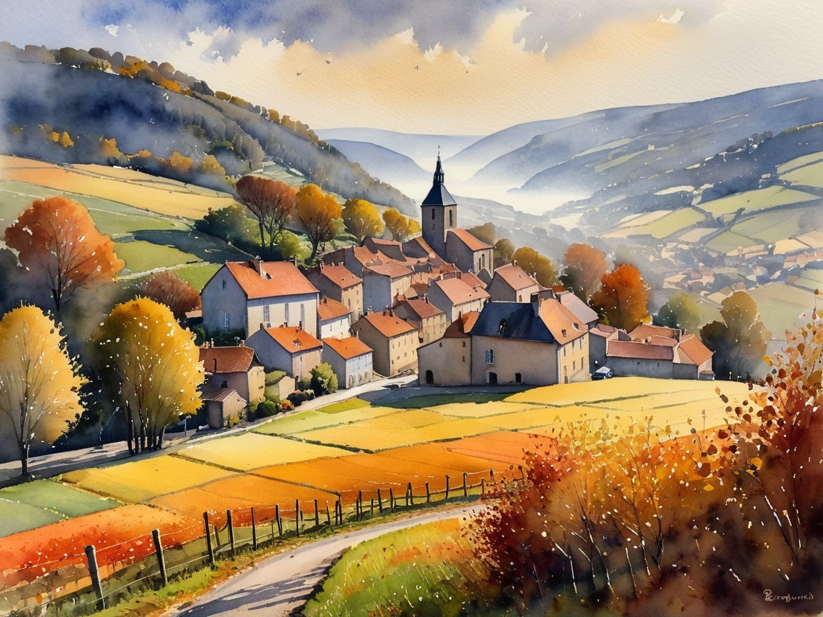 Picturesque Village in Rolling Hills with Autumn Foliage