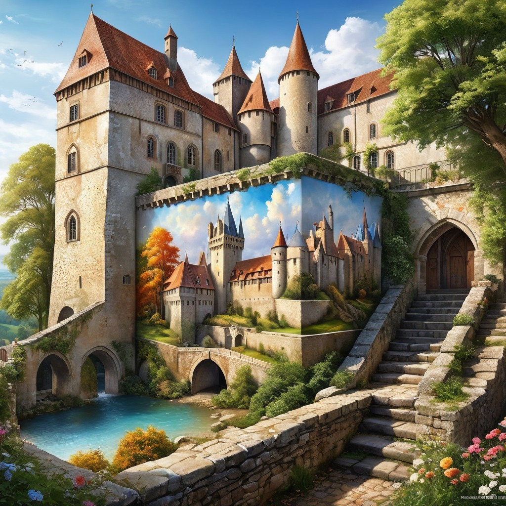 Whimsical castle surrounded by lush greenery and murals
