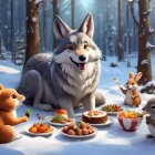 Cheerful Wolf in Snowy Forest with Feast Displayed