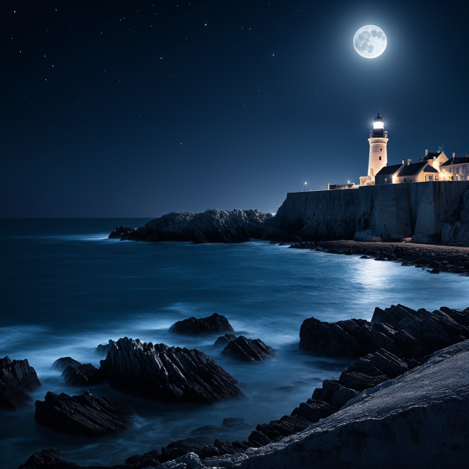 Lighthouse on Rocky Coastline Under Full Moonlight