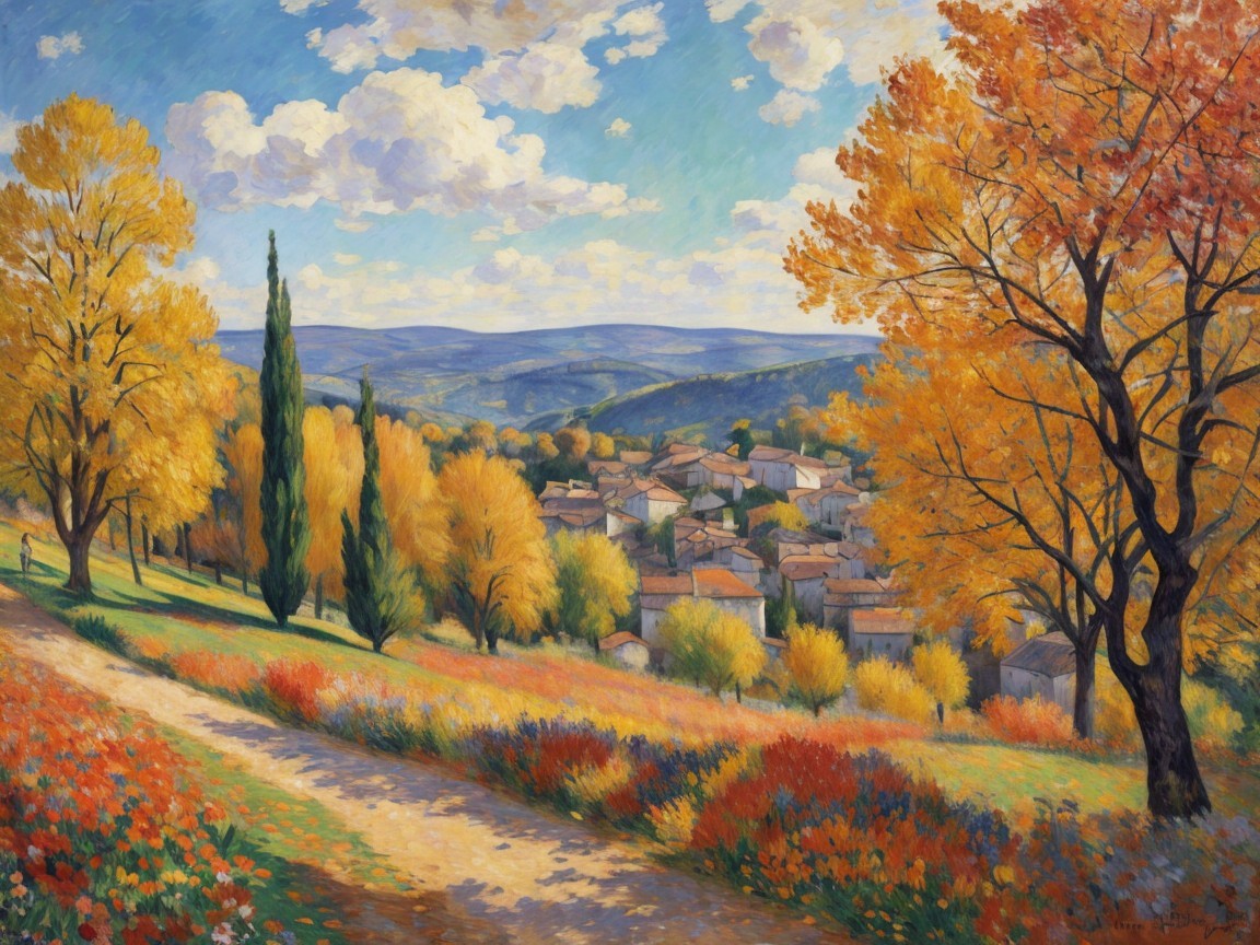 Vibrant Autumn Landscape with Colorful Trees and Village
