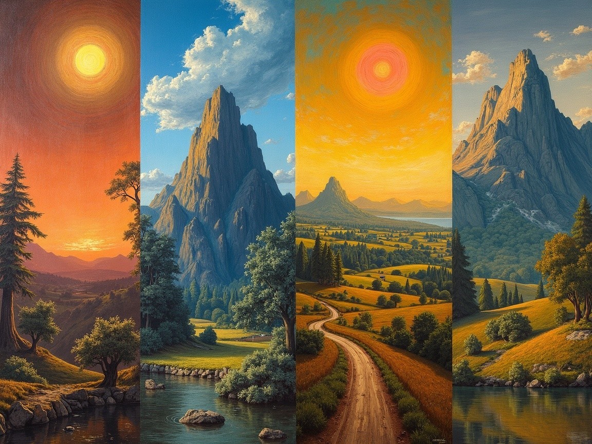 Four Vibrant Landscape Panels of Sunsets and Sunrises