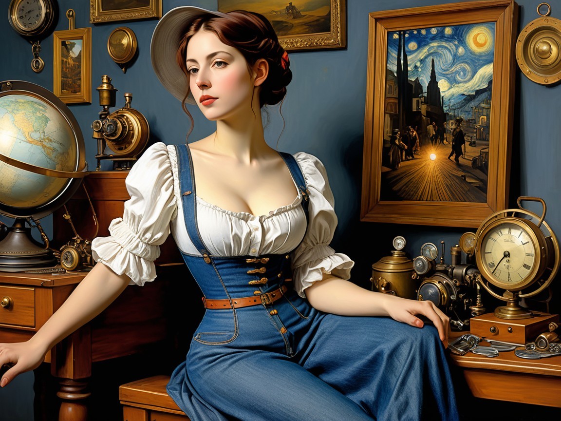 Elegant Woman in Vintage Study with Artistic Decor