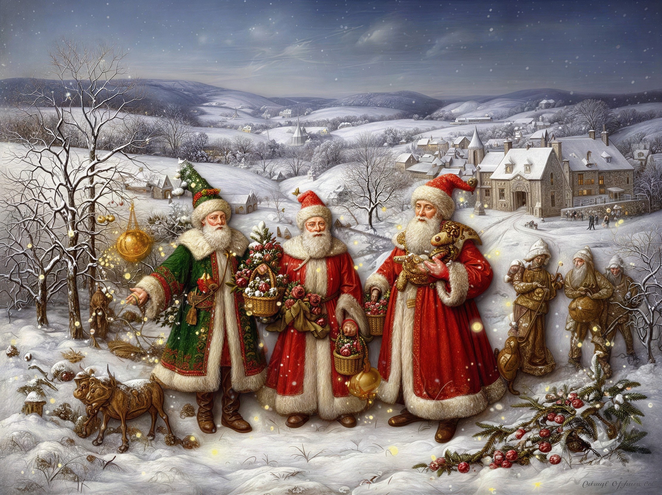 Three Santas in a Winter Wonderland Oil Painting