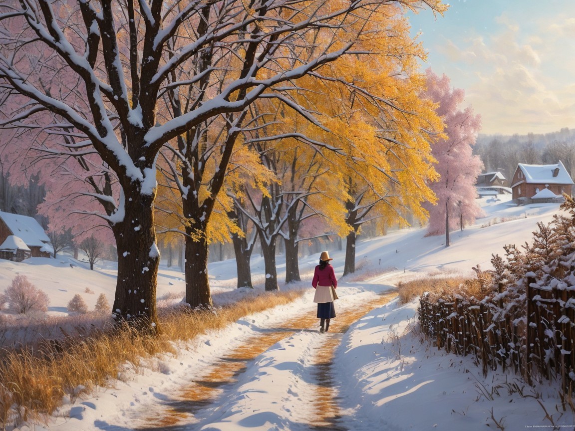 Serene winter scene with snow-covered path and trees