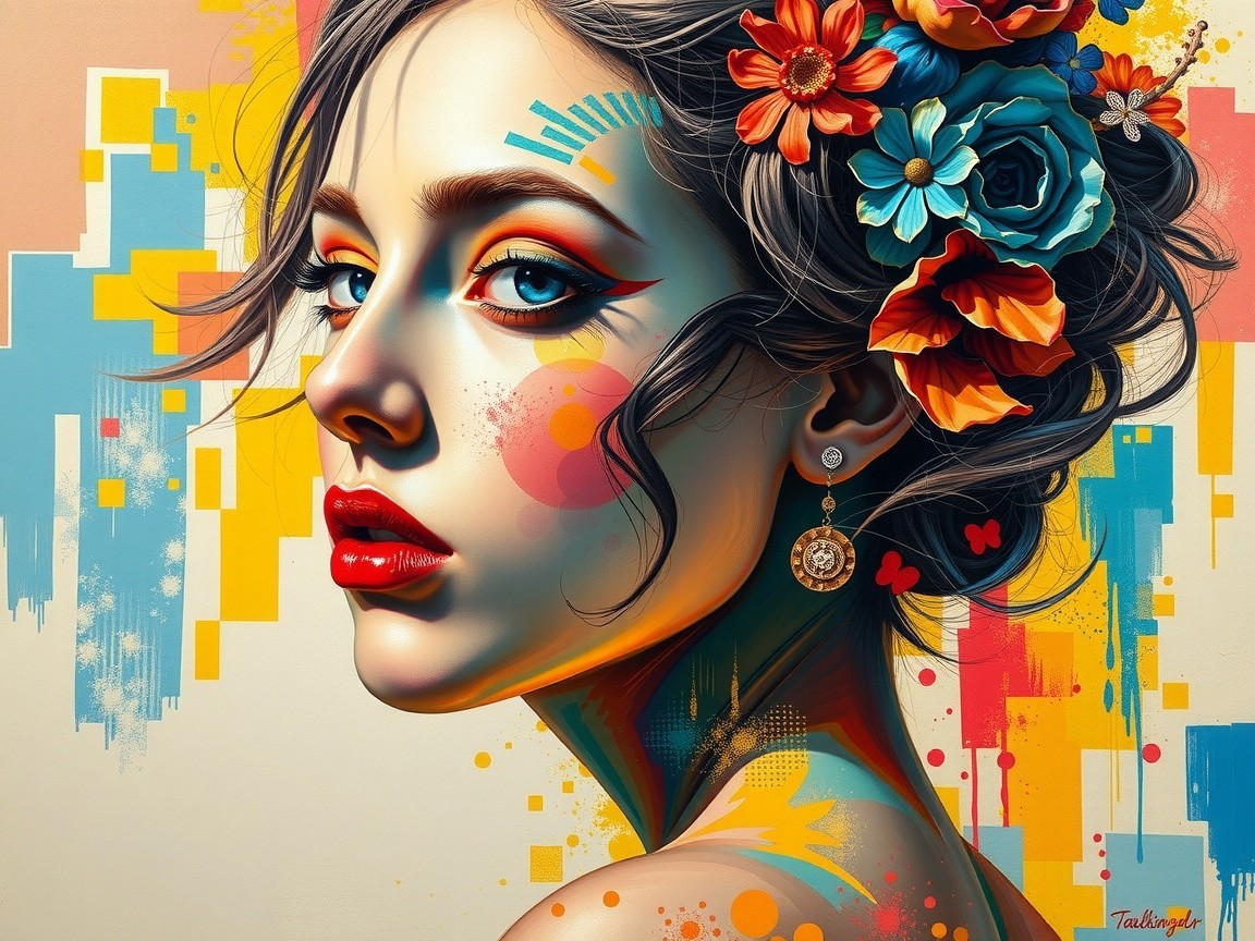 Vibrant Portrait of a Woman with Bold Makeup and Flowers