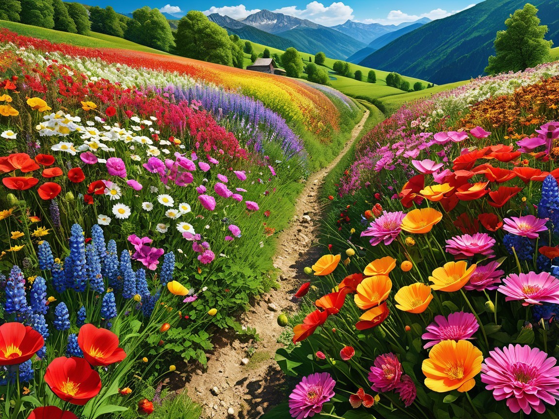 Vibrant Landscape with Colorful Flower Fields and Hills