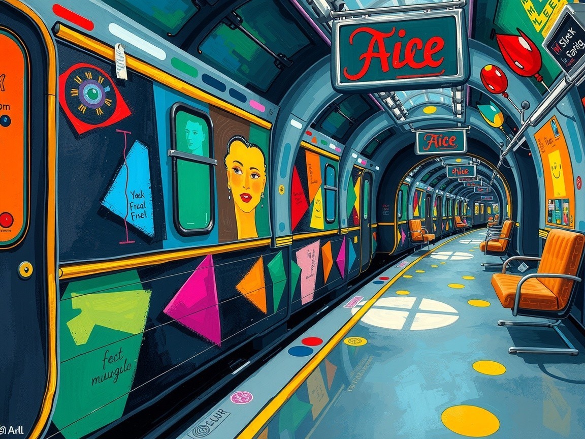 Vibrant Subway Interior with Colorful Murals and Seats