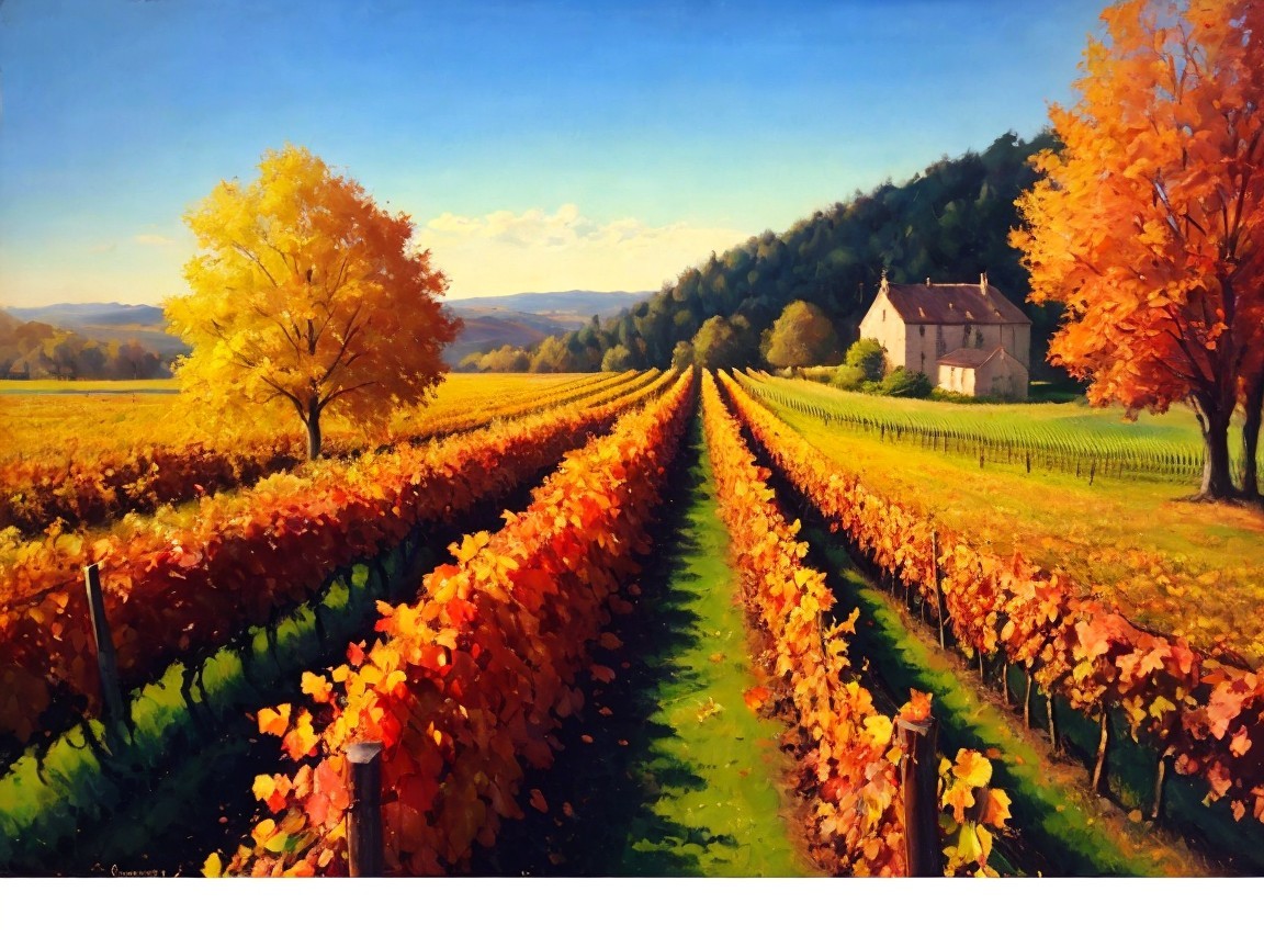 Autumn Vineyard Landscape with Farmhouse and Hills