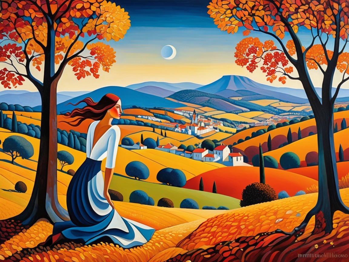 Serene Landscape with Autumn Foliage and Village View