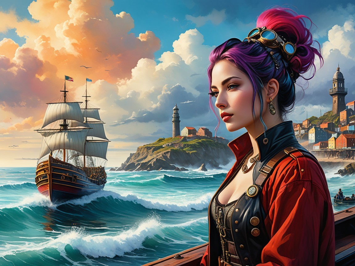 Woman in Vintage Pirate Outfit by Ocean Cliff