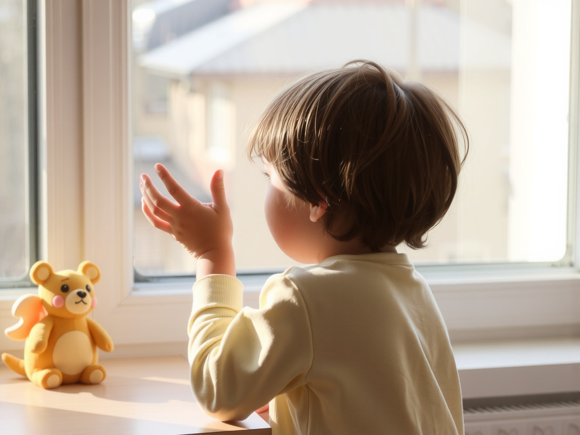 Child by a window with plush bear in warm sunlight