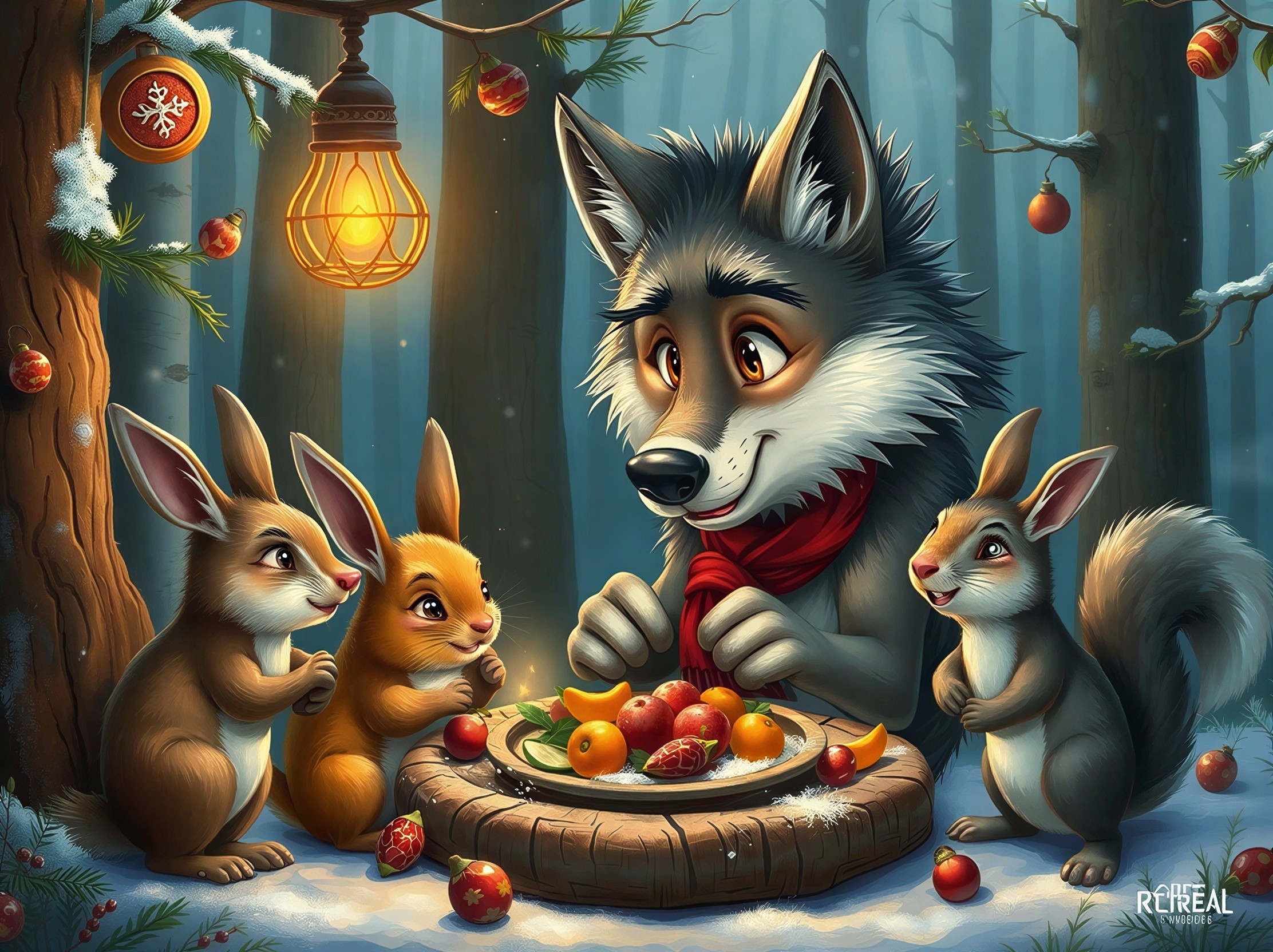 Cartoon Animals in a Snowy Forest at Dusk