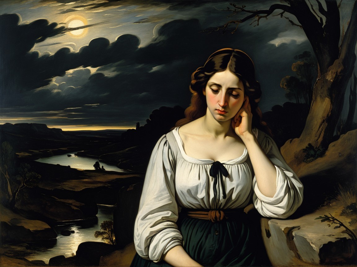Melancholic Woman by Riverside Under Dramatic Sky