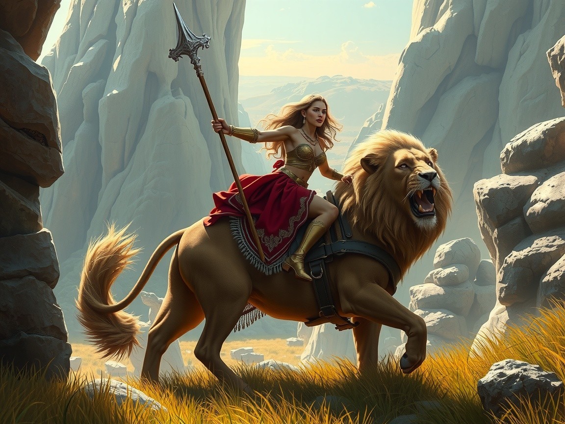 Warrior Woman on Lion in Rugged Landscape