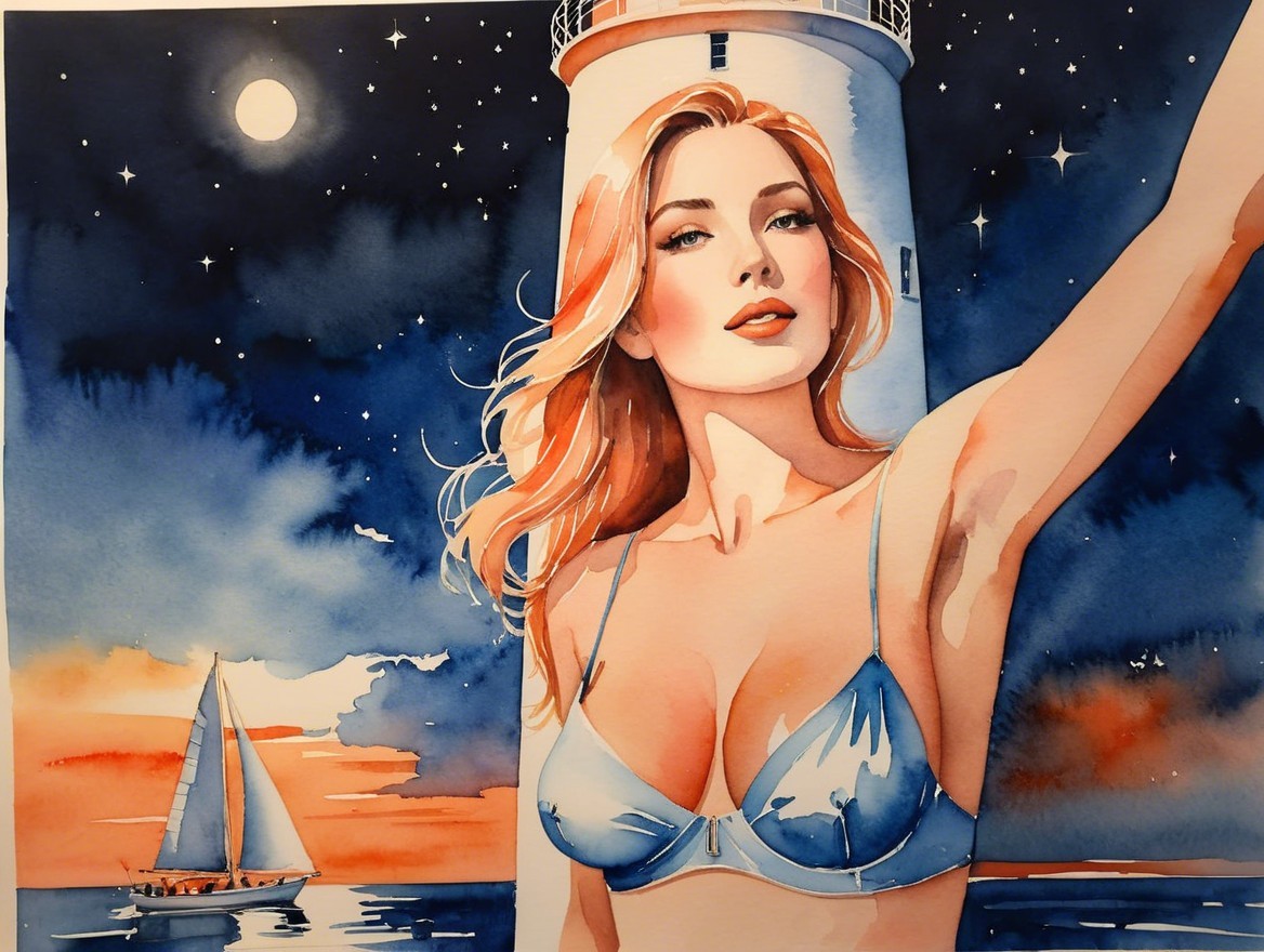 Watercolor of Woman by Lighthouse Under Starry Sky