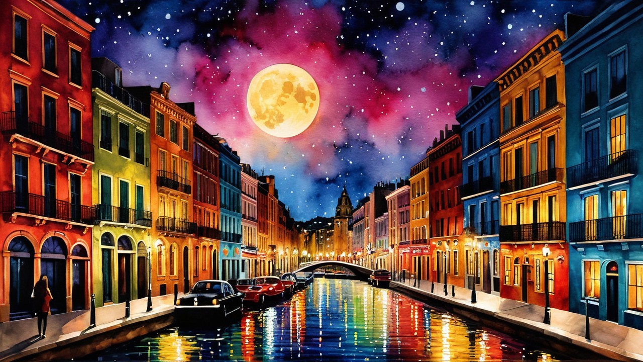 Vibrant Night Canal Scene with Colorful Reflections