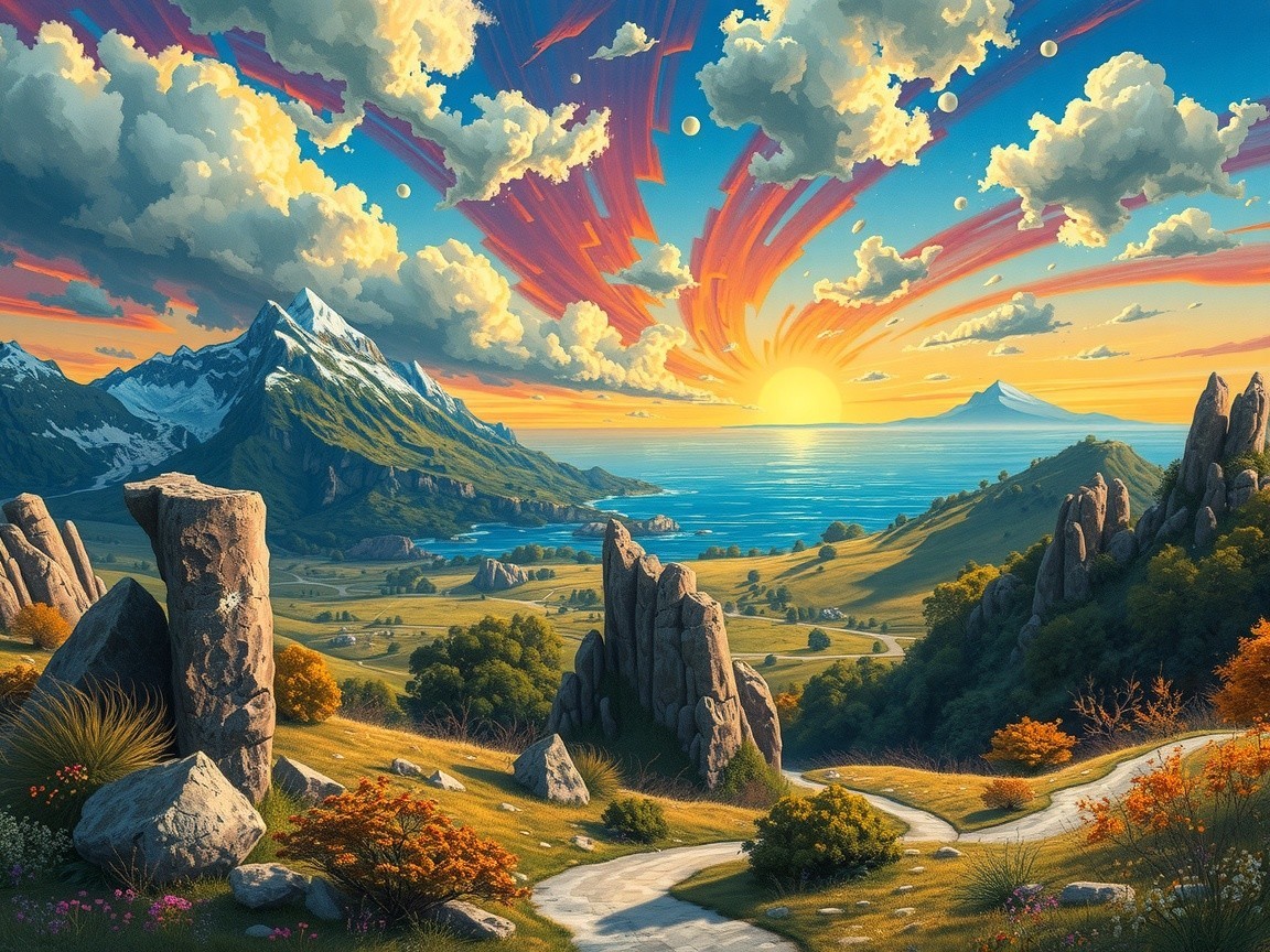 Vibrant Sunset Landscape with Mountains and Water