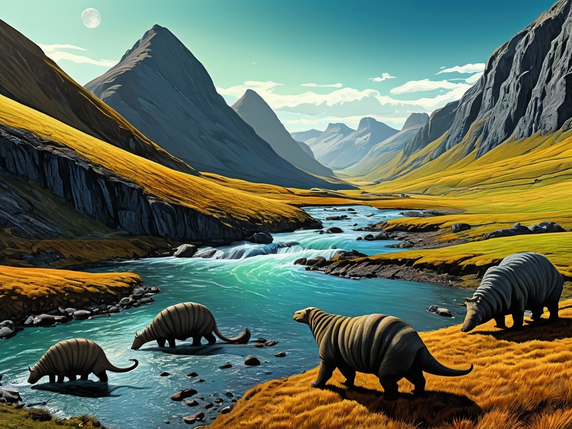 Prehistoric Landscape with Shaggy Creatures and River