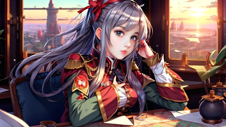 Young girl in military uniform with silver hair at table