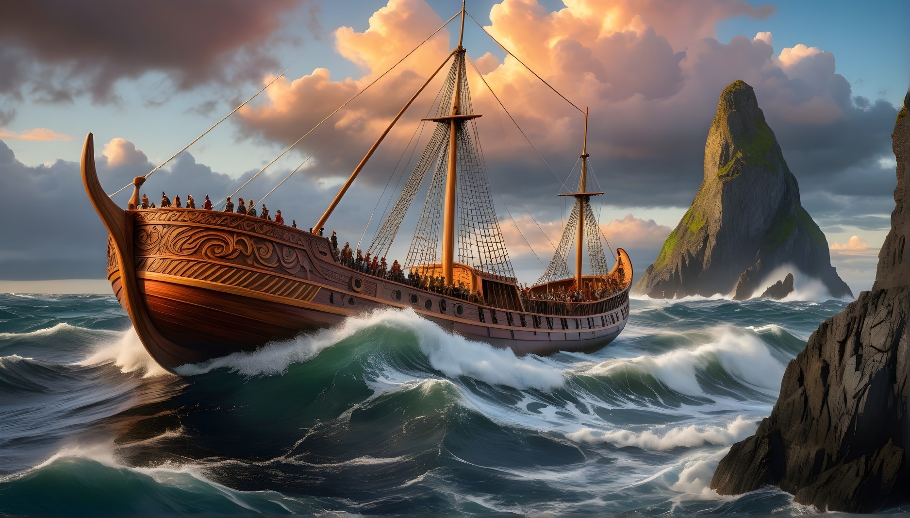 Ancient ship navigating turbulent ocean waves and cliffs