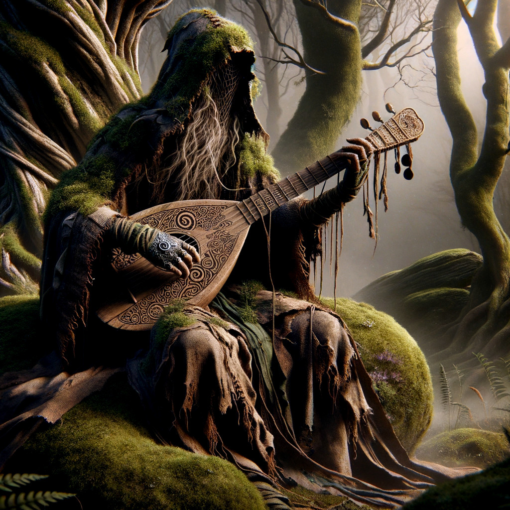 Cloaked Musician Playing Instrument in Mystical Forest