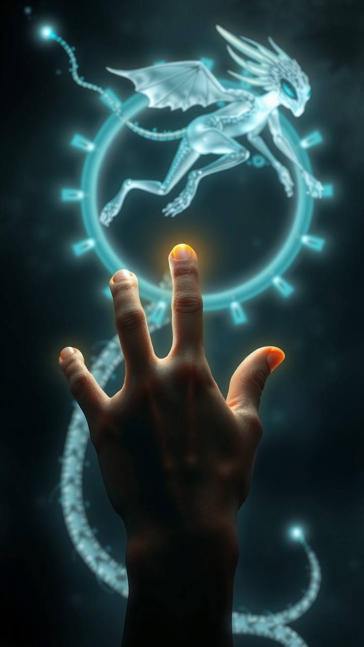 Glowing Hand and Ethereal Dragon in Mystical Scene