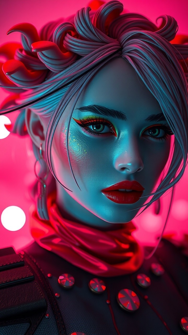 Portrait of a Woman with Blue Skin and Bold Makeup