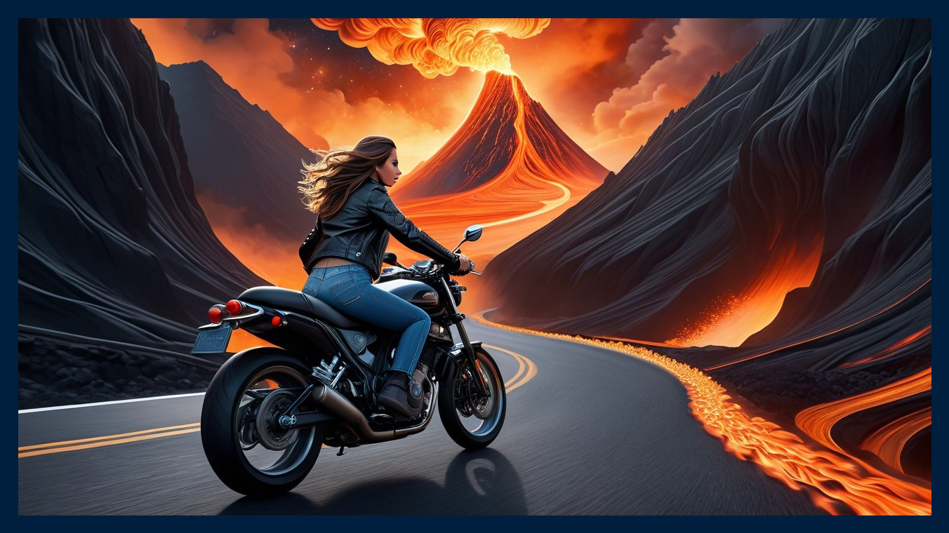 Woman on motorcycle with erupting volcano backdrop