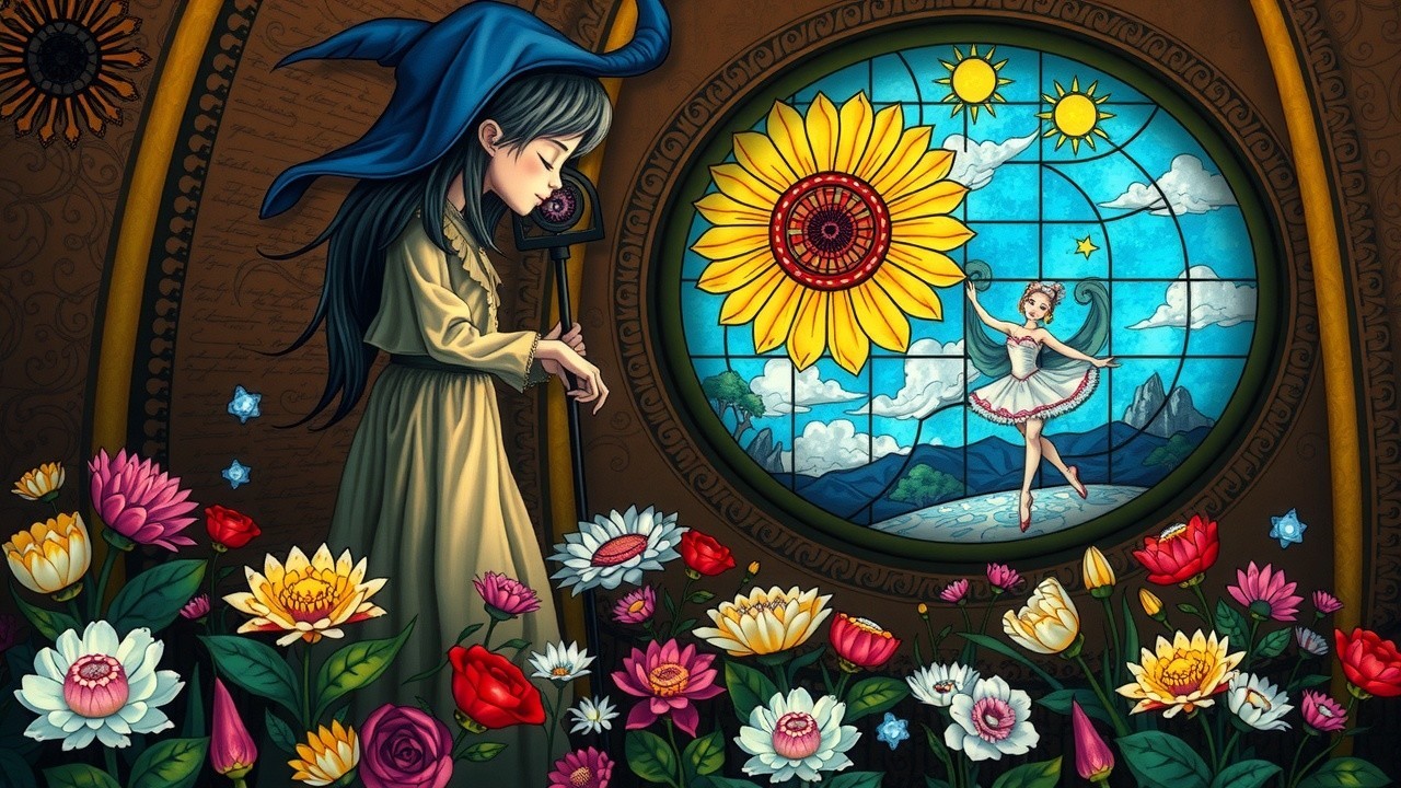Whimsical Garden Scene with Girl and Stained Glass Window