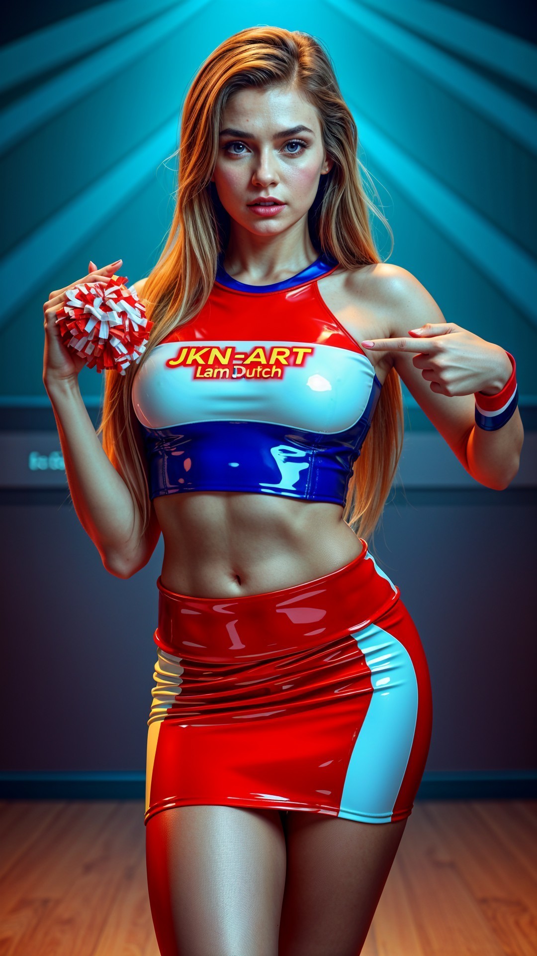 Cheerleader in Vibrant Outfit with Pom-Poms and Logo