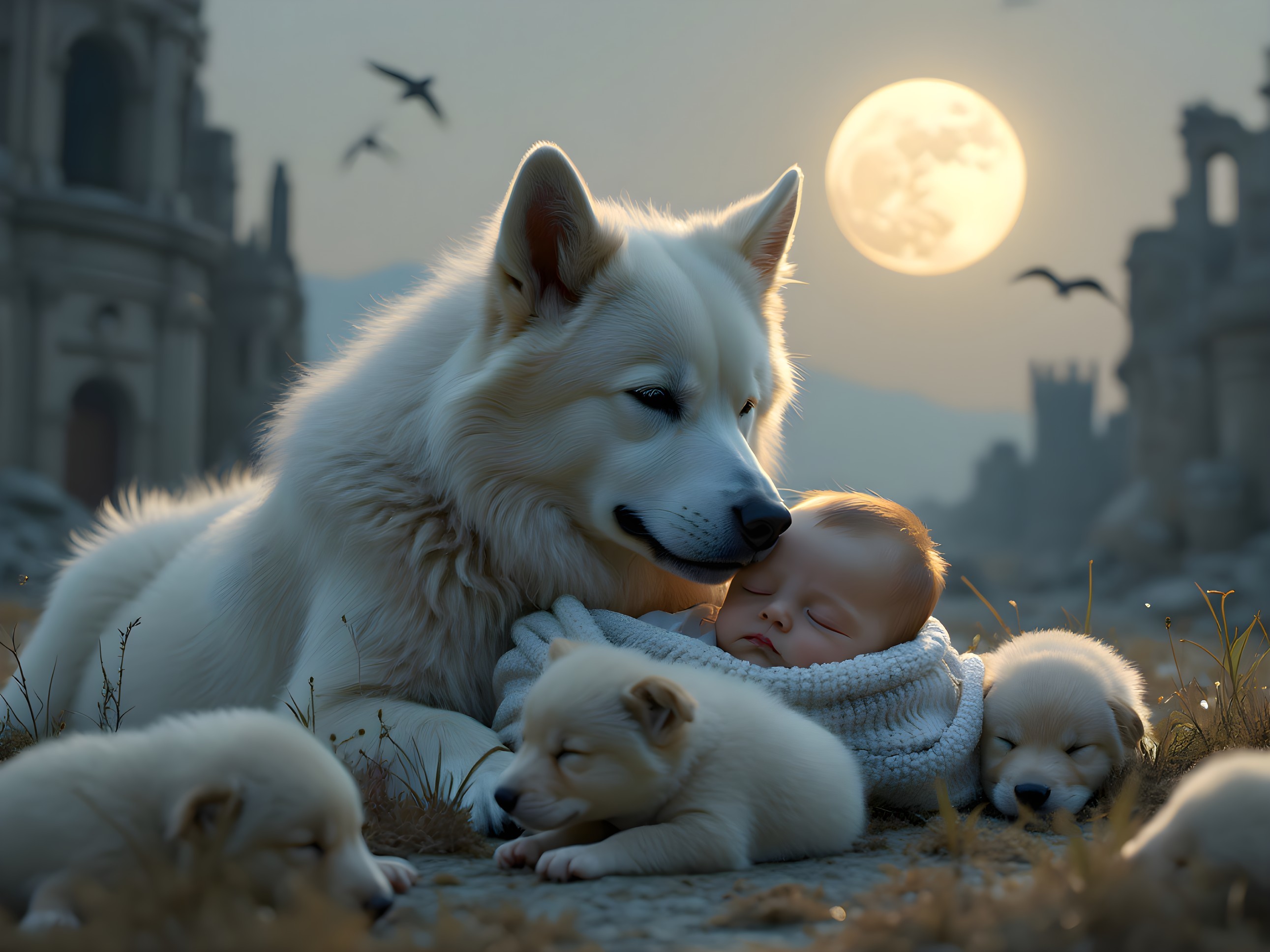 Serene Moonlit Scene with Dog and Sleeping Baby