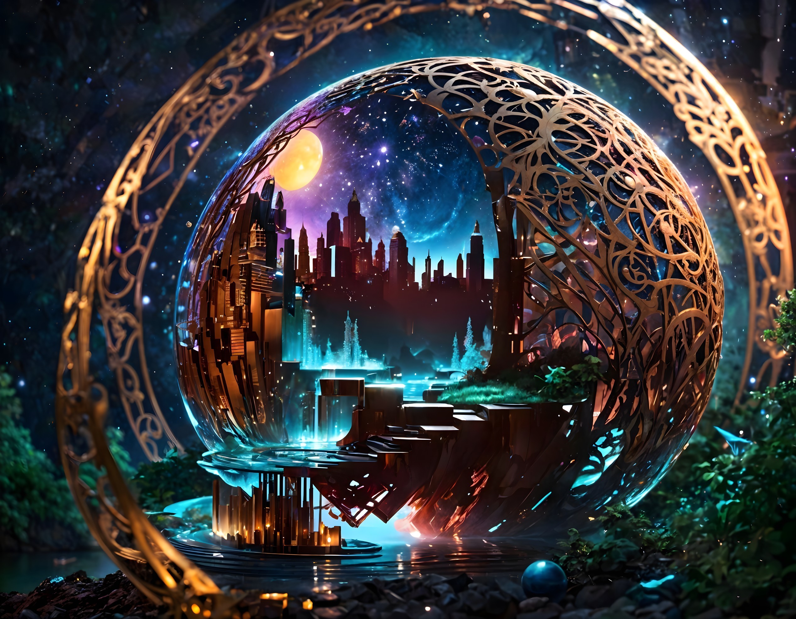 Celestial Globe Structure with Cityscape and Moonlight